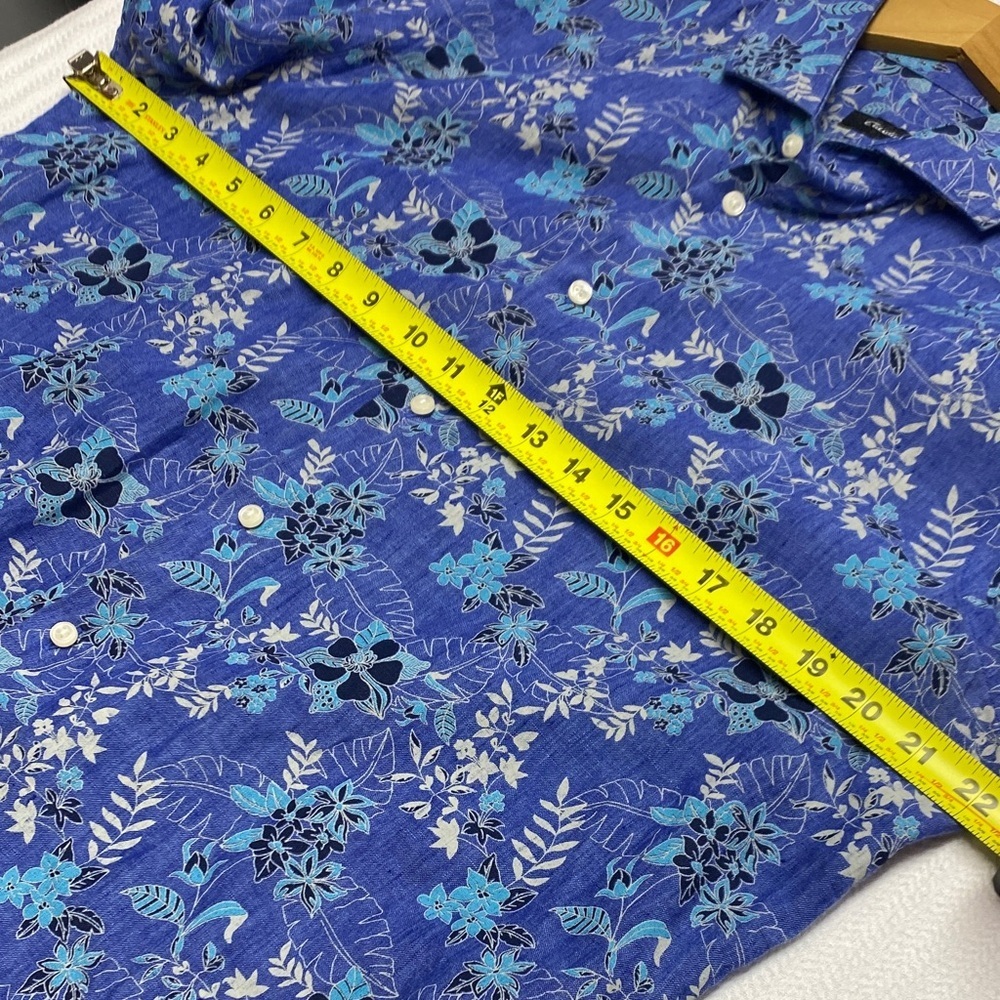 Linen Tropical Floral Shirt Buttondown Resortwear Modern Contemporary Blue Small - Picture 8 of 9